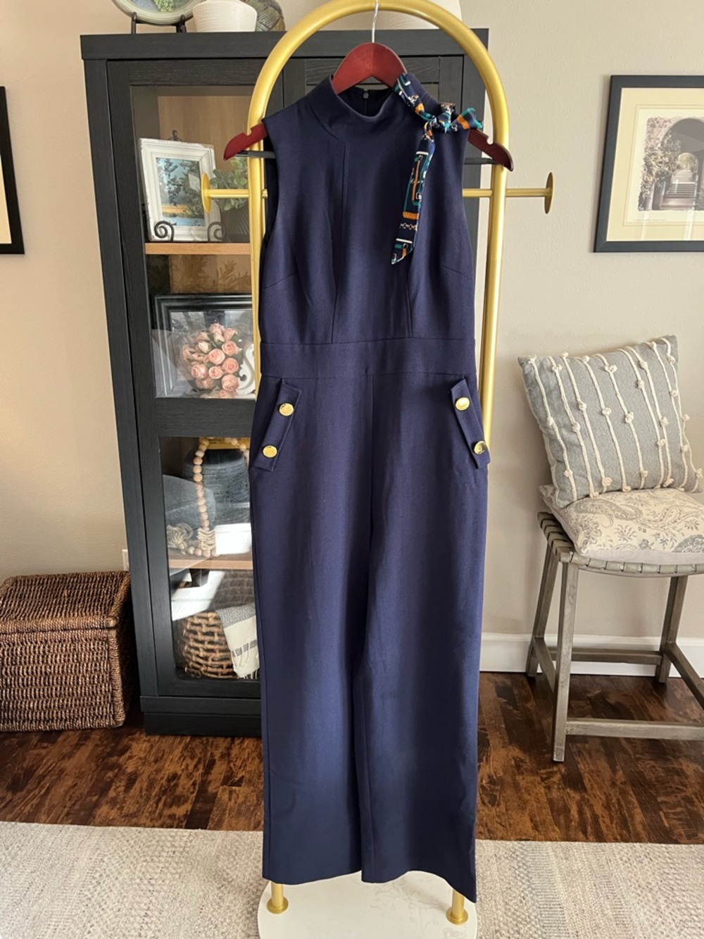Harper Rose Navy Sleeveless Jumpsuit with Gold Button Detail and scarf